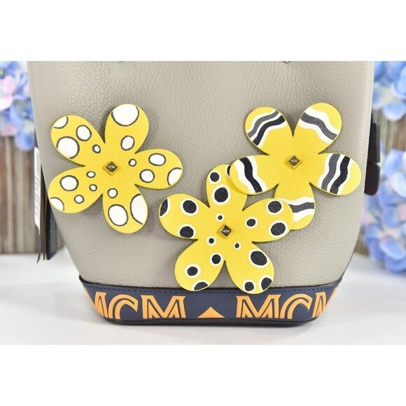 MCM Yellow Grey Goatskin Mini Upcycling Project Flower Milano Drawstring Bag NWT - Picture 2 of 8